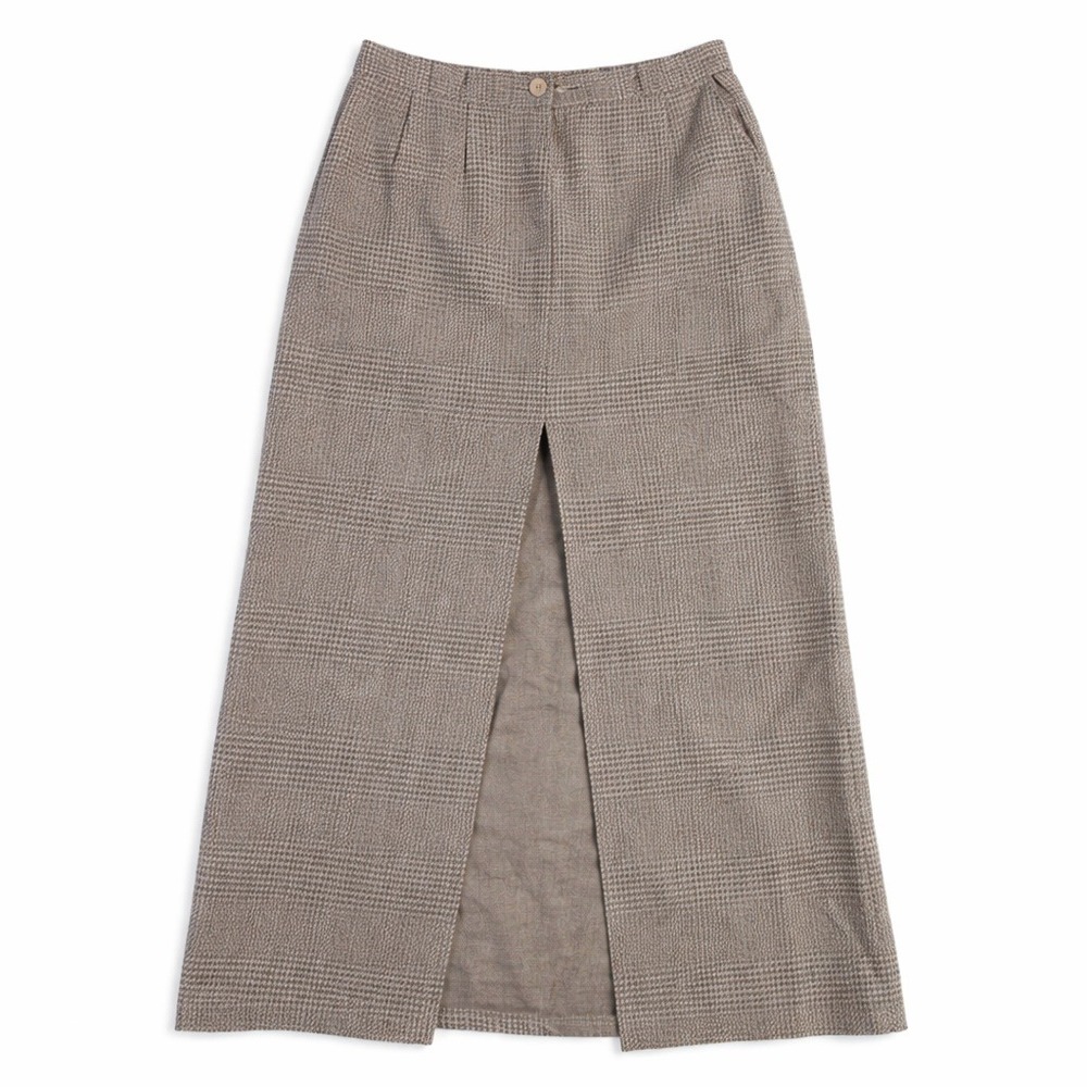 Episode Linen Skirt‎ 8 Brown Micro-Check Front Slit READ